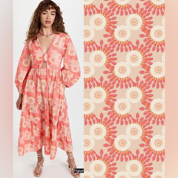 Figue Long Sleeve Cutout Cotton Midi Dress Floral Boho Resort Pink Orange Sz S - Picture 15 of 15